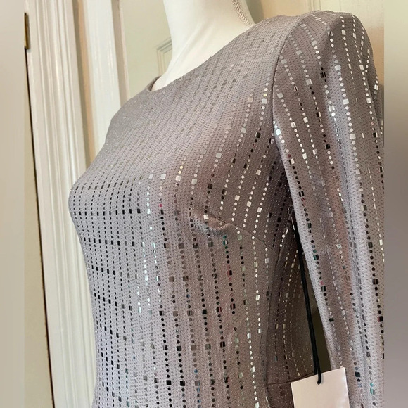 Crystal Sky Gray Metallic Style Long Sleeve Open Back Dress Women’s Small NWT - Picture 14 of 16